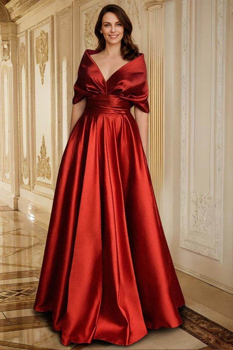 A Line V Neck Satin Mother of the Bride Dresses CM0358 - Fiery Red - COCOMELODY